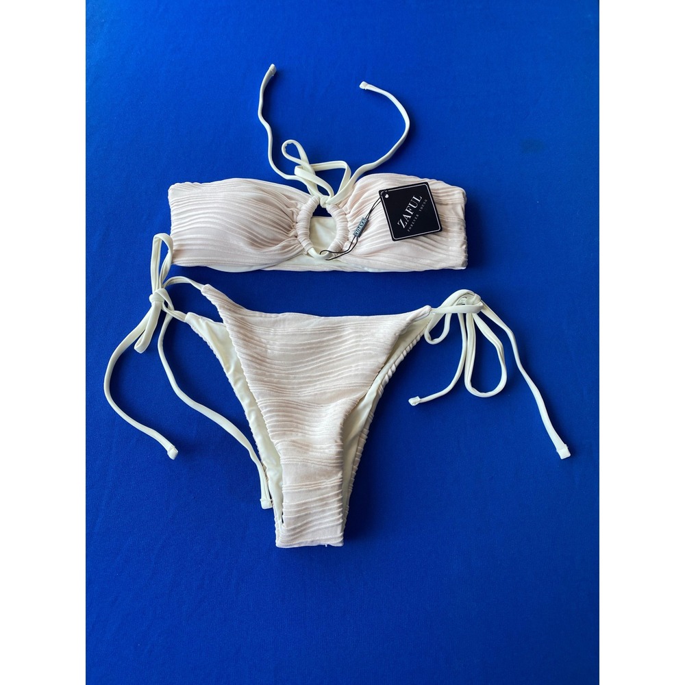 ZAFUL Ribbed Ring Detail Bikini Set Cream Off White Size Small New With Tags - Picture 5 of 7